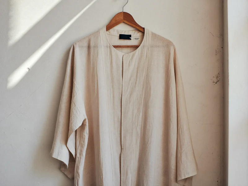 Kaftan aus gebrochen weißem Leinen am Holzbügel vor sonniger Wand